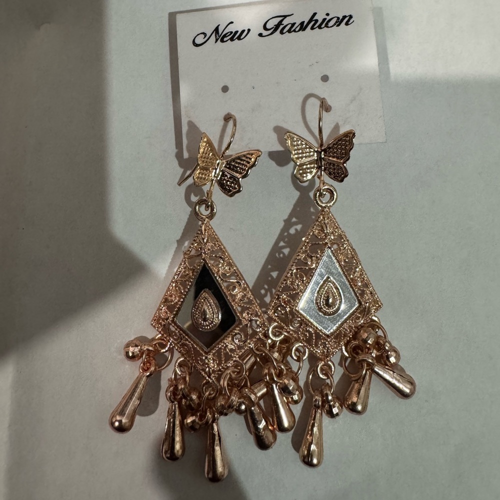 Gold and Black Butterfly Dangle Earrings